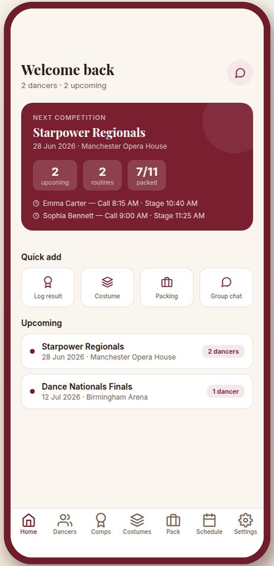 CompMom home screen showing the next competition, call times and quick actions